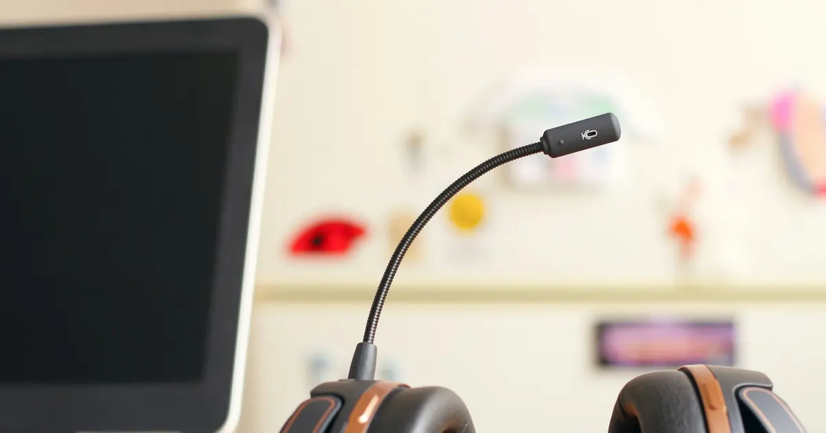 Black and brown headset near laptop computer