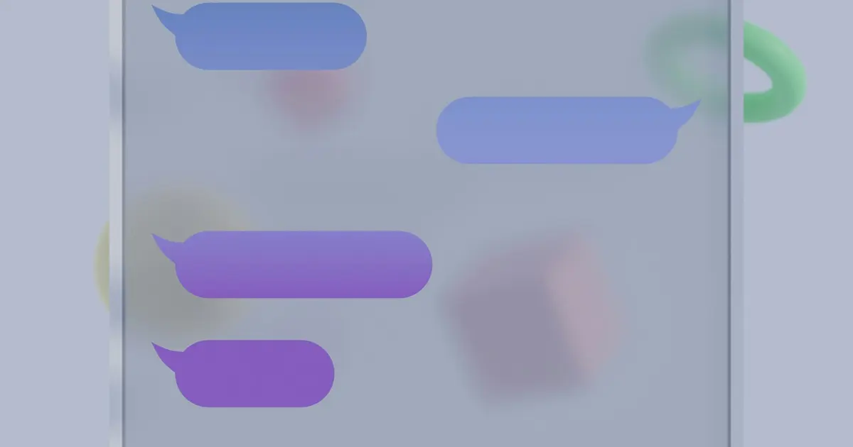 Four purple speech bubbles on a translucent screen with floating geometric shapes