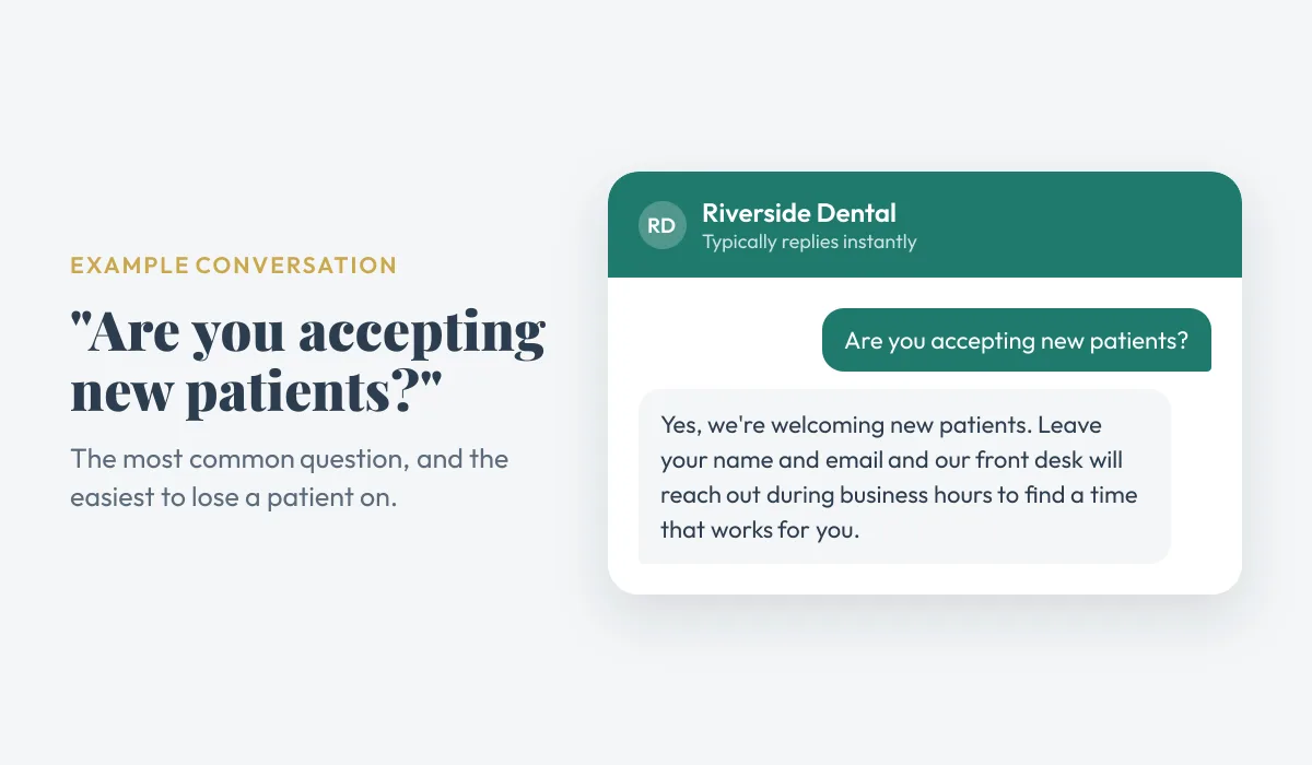 Example chatbot conversation: a visitor asks "Are you accepting new patients?" and Riverside Dental answers right away.