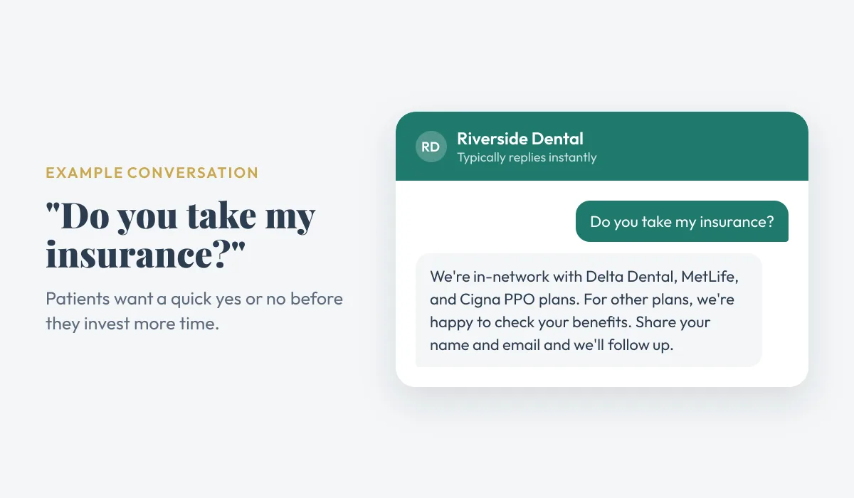 Example chatbot conversation: a visitor asks "Do you take my insurance?" and Riverside Dental answers right away.